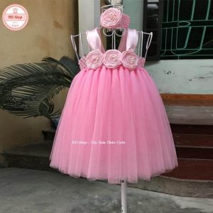 Đầm tutu cho bé hồng phấn hoa hồng cuốn rb