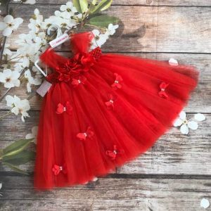 Váy tutu đỏ đính hoa hồng bớm dải cho bé gái 0 đến 6 tuổi