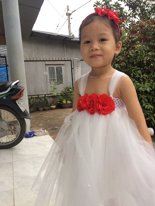 Váy tutu trắng hoa hồng đỏ đính đá cho bé gái