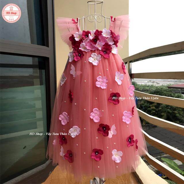 Váy canh tiên hông cam đính hoa tú cầu cho bé gái 0 đến 6 tuổi - HD Shop