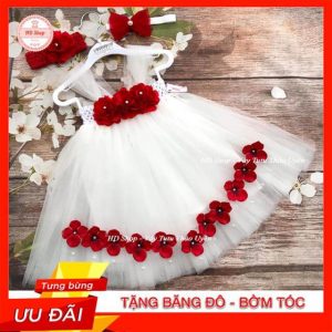Đầm cho bé gái trắng đính hoa hồng đỏ tú cầu