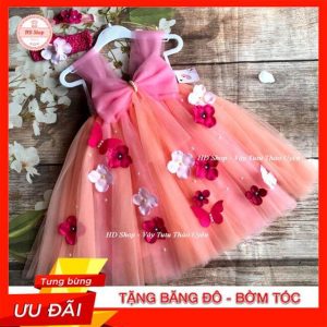 Váy công chúa cho bé gái hồng cam nơ đính hoa tú cầu và bướm
