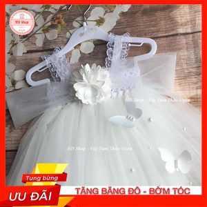 Đầm công chúa cho bé trắng hoa xù đính bướm