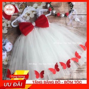 Váy đầm bé gái trắng nơ đỏ