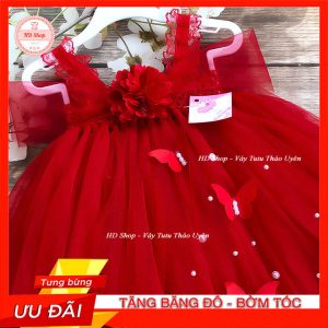 Đầm Bé Gái Đỏ Hoa Xù Đính Bướm