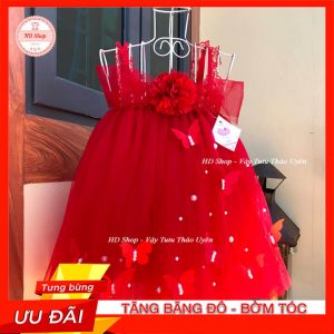 Đầm Bé Gái Đỏ Hoa Xù Đính Bướm