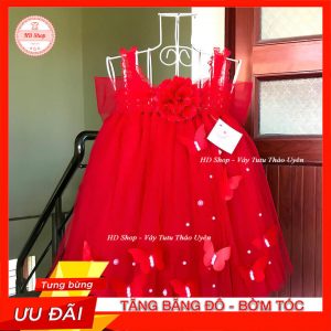 Đầm Bé Gái Đỏ Hoa Xù Đính Bướm