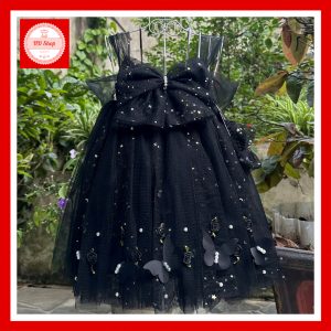 Đầm Công Chúa Đen Bé Gái - Váy Xòe Voan, Nơ Lớn, Cánh Bướm, Hoa 3D, Lấp Lánh