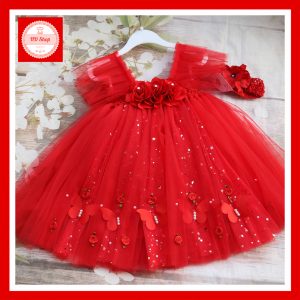 Đầm Công Chúa Đỏ Cho Bé Gái - Váy Xòe Công Chúa Hoa 3D, Cánh Bướm, Lấp Lánh