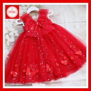 Đầm Công Chúa Đỏ Cho Bé Gái - Váy Xòe Nơ Voan, Cánh Bướm, Hoa 3D, Lấp Lánh