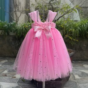 Đầm Công Chúa Hồng Bé Gái - Váy Xòe Voan, Nơ Lớn, Hoa 3D, Lấp Lánh