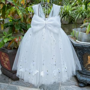 Đầm Công Chúa Trắng Bé Gái - Váy Xòe Voan, Nơ Lớn, Cánh Bướm, Hoa 3D, Lấp Lánh