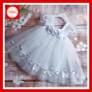 Đầm Công Chúa Trắng Cho Bé Gái - Váy Xòe Công Chúa Hoa 3D, Cánh Bướm, Ngọc Trai