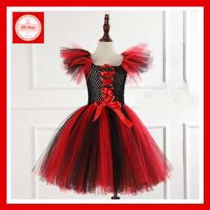 VÁY HALLOWEEN ĐEN ĐỎ – PHÙ THỦY, MA CÀ RỒNG CHO BÉ GÁI